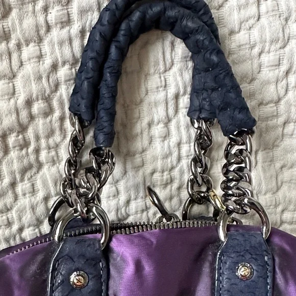 Henri Bendel Purple satin bag with Navy Blue and silver accents - Picture 10 of 16